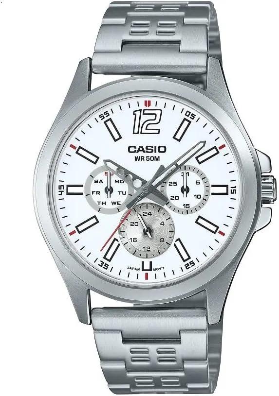 Casio Men WATCH Analog Multi Hand White Dial Stainless Steel Band MTP-E350D-7BVDF, Silver, bracelet